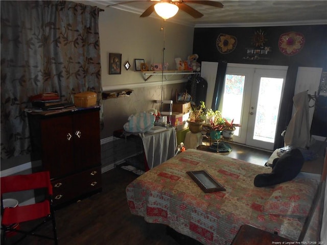 bedroom with french doors, a wainscoted wall, crown molding, ceiling fan, and access to outside