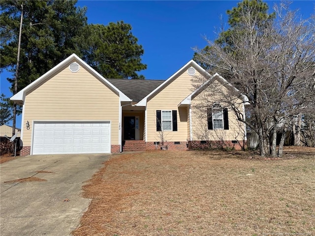 single story home featuring driveway, roof with shingles, crawl space, an attached garage, and a front lawn