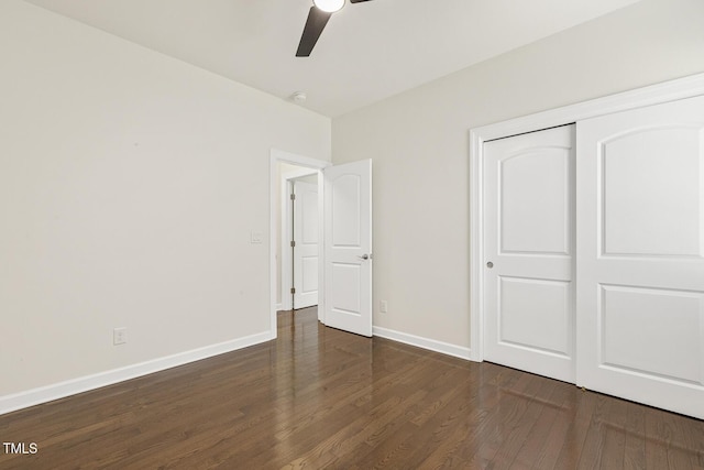 unfurnished bedroom featuring a closet, ceiling fan, baseboards, and wood finished floors