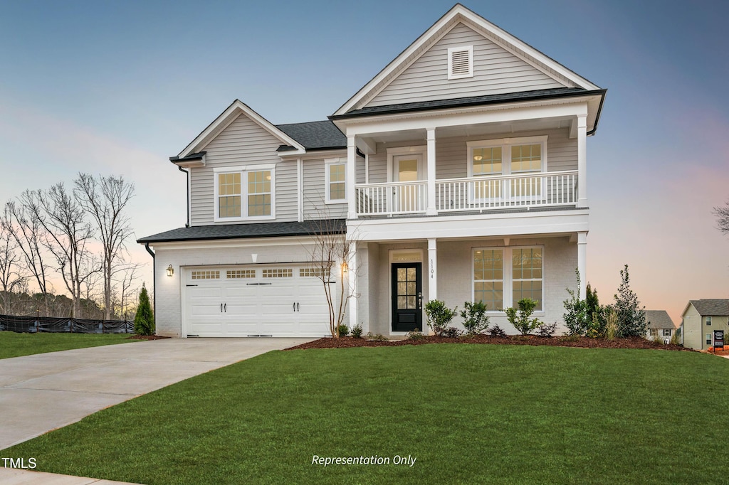 view of front facade featuring driveway, a balcony, an attached garage, a front lawn, and a porch