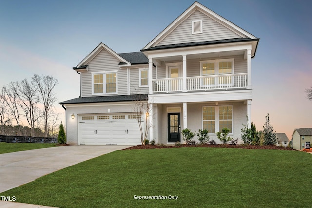 view of front facade featuring driveway, a balcony, an attached garage, a front lawn, and a porch