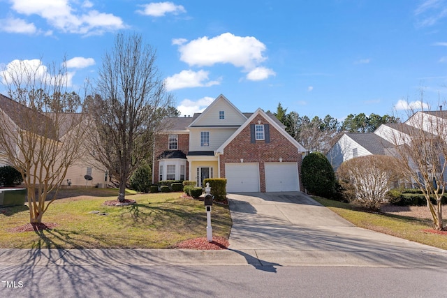 view of front of property featuring a garage, driveway, brick siding, and a front lawn