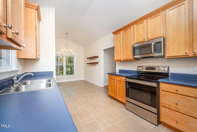 209 Homegate Cir, Apex, NC 27502 - kitchen featuring stainless steel appliances, a chandelier, lofted ceiling, light brown cabinetry, and dark countertops