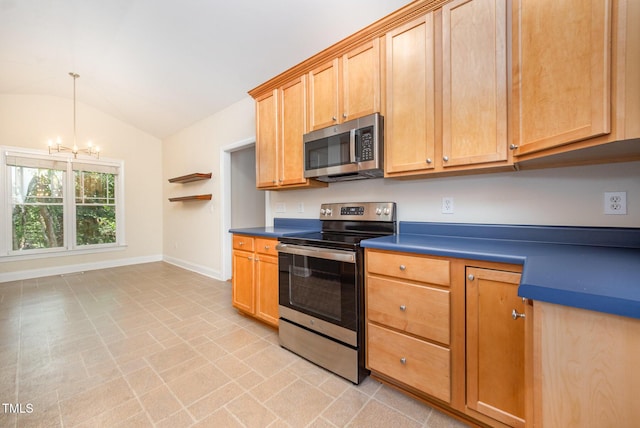 209 Homegate Cir, Apex, NC 27502 - kitchen featuring stainless steel appliances, lofted ceiling, a chandelier, dark countertops, and decorative light fixtures