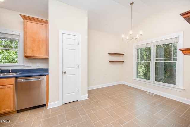209 Homegate Cir, Apex, NC 27502 - kitchen featuring dishwasher, a chandelier, dark countertops, vaulted ceiling, and decorative light fixtures