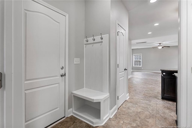 mudroom with a ceiling fan, recessed lighting, and baseboards