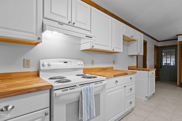 kitchen with under cabinet range hood, wood counters, white cabinets, and white range with electric cooktop