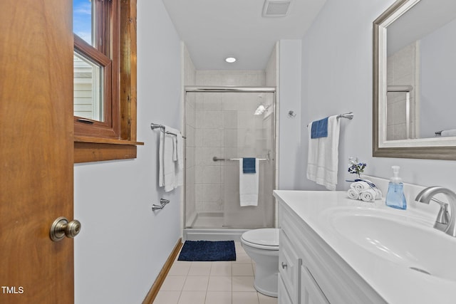 bathroom with toilet, a shower stall, visible vents, and tile patterned floors