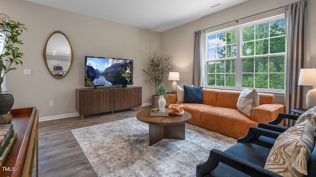 living room with baseboards and wood finished floors