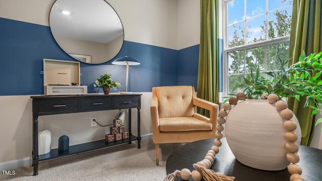 sitting room featuring carpet and baseboards