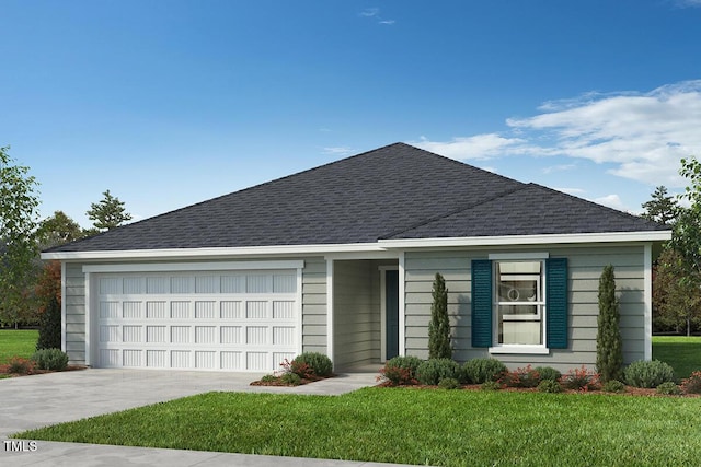 view of front facade featuring a garage, concrete driveway, a shingled roof, and a front lawn