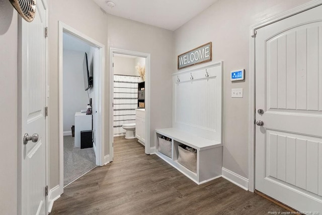 mudroom with dark wood finished floors and baseboards