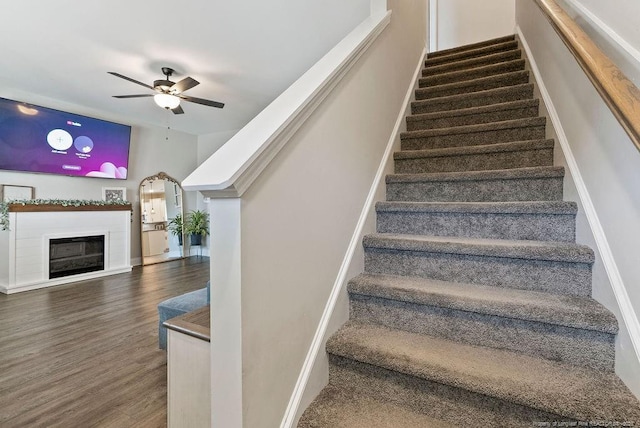 staircase featuring a fireplace, wood finished floors, and a ceiling fan