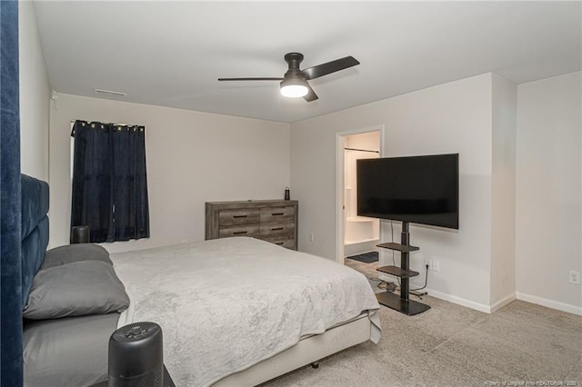 bedroom featuring carpet, a ceiling fan, and baseboards