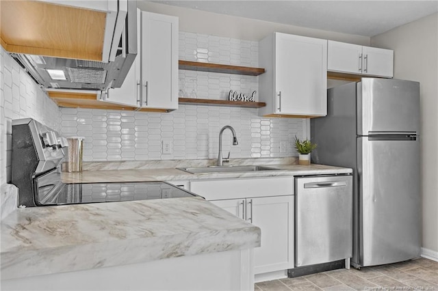 kitchen featuring stainless steel appliances, white cabinets, a sink, and backsplash