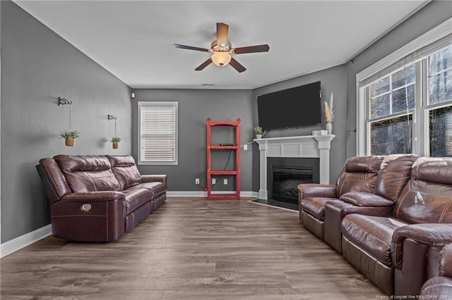 living area featuring wood finished floors, a fireplace with flush hearth, a ceiling fan, and baseboards