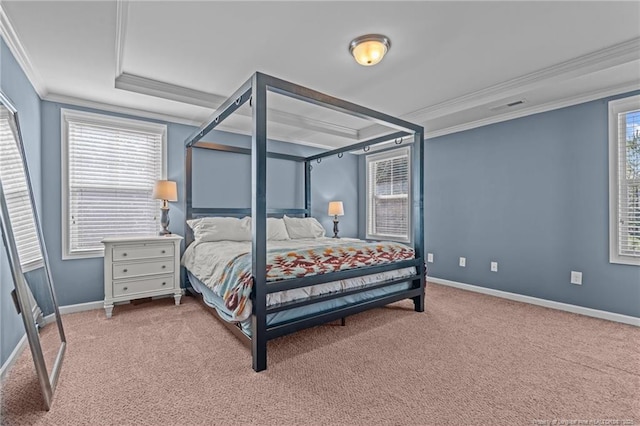 bedroom with carpet, visible vents, baseboards, and crown molding