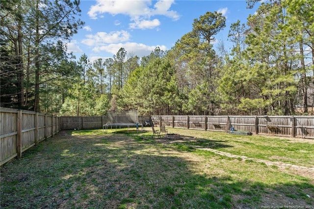 view of yard featuring a fenced backyard and a trampoline