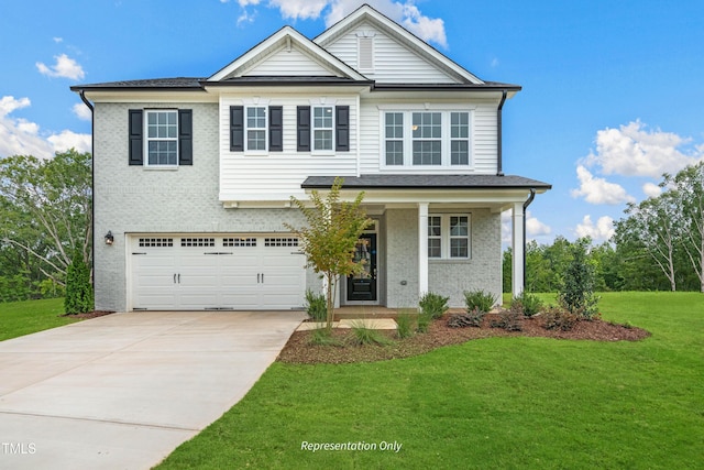 traditional-style home with concrete driveway, an attached garage, a front lawn, a porch, and brick siding