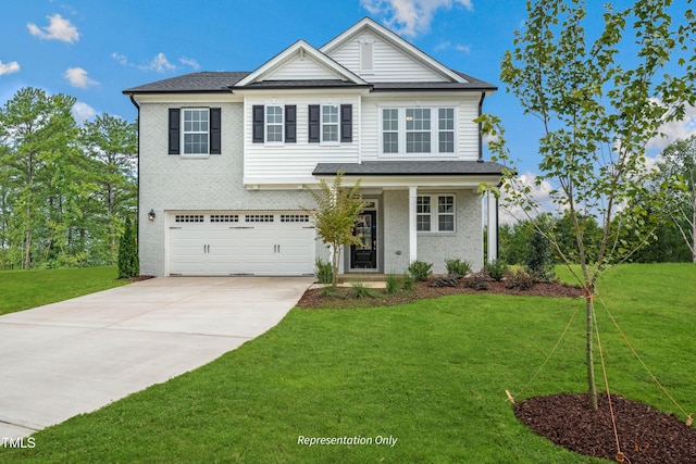 view of front of property featuring a garage, concrete driveway, brick siding, and a front lawn