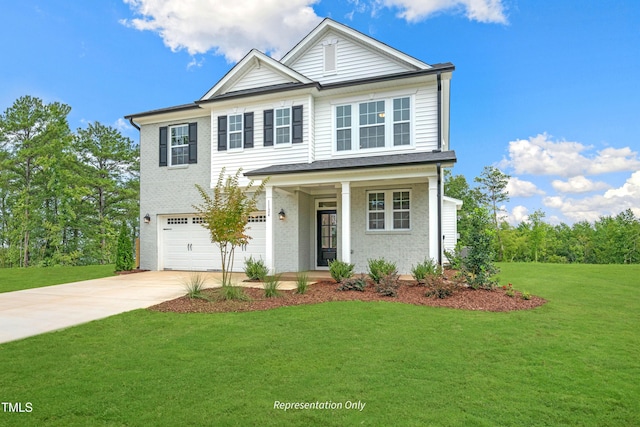 view of front facade with an attached garage, brick siding, driveway, and a front yard