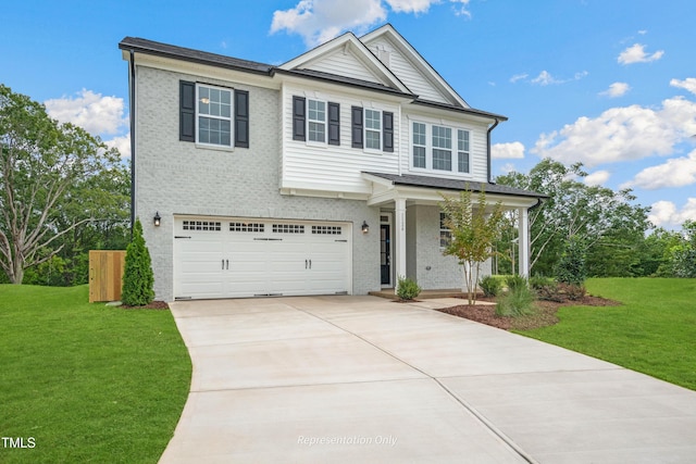 view of front of house featuring a porch, a garage, brick siding, driveway, and a front lawn