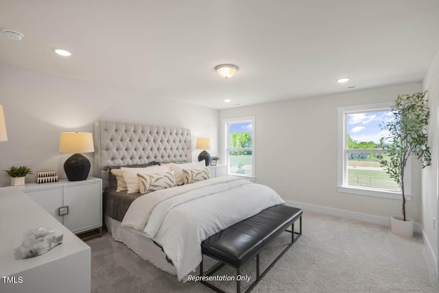 bedroom featuring carpet, baseboards, and recessed lighting