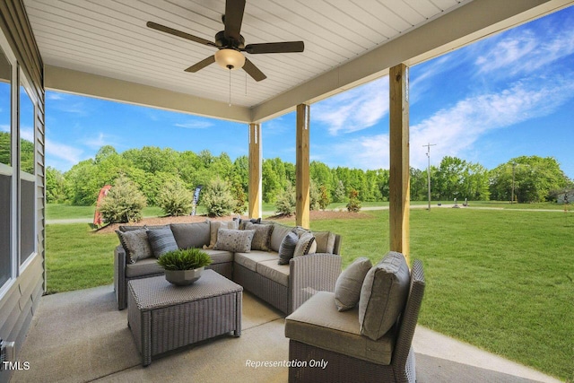 view of patio featuring a ceiling fan and an outdoor living space