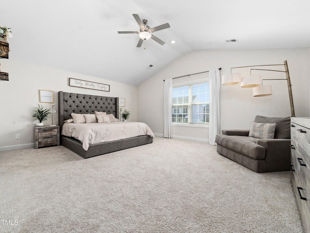 bedroom featuring visible vents, baseboards, carpet flooring, and vaulted ceiling