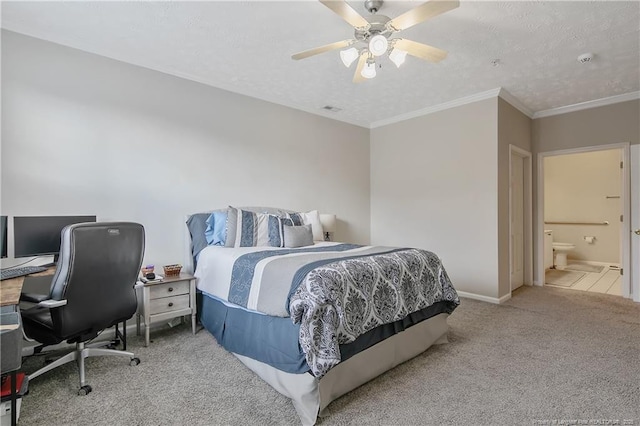 bedroom with crown molding, carpet flooring, ceiling fan, a textured ceiling, and baseboards