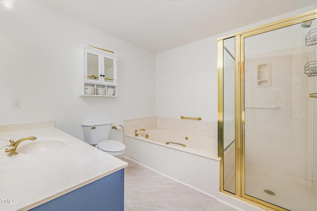 bathroom with a shower stall, toilet, vanity, and a garden tub