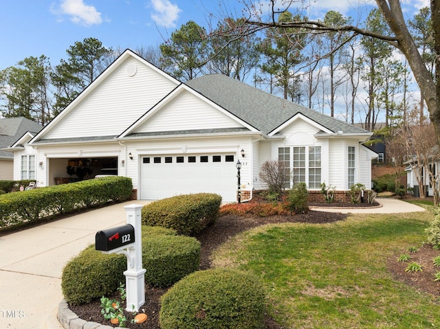 view of front facade featuring an attached garage, brick siding, driveway, and a shingled roof