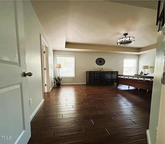 hall with dark wood-type flooring, plenty of natural light, and baseboards