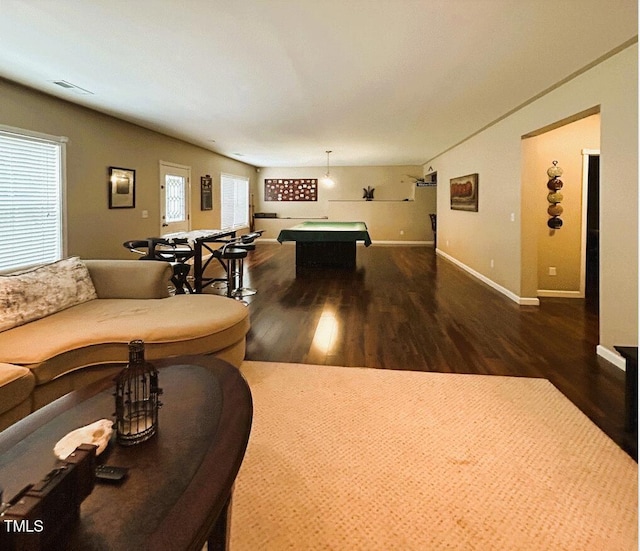 recreation room featuring pool table, baseboards, and wood finished floors