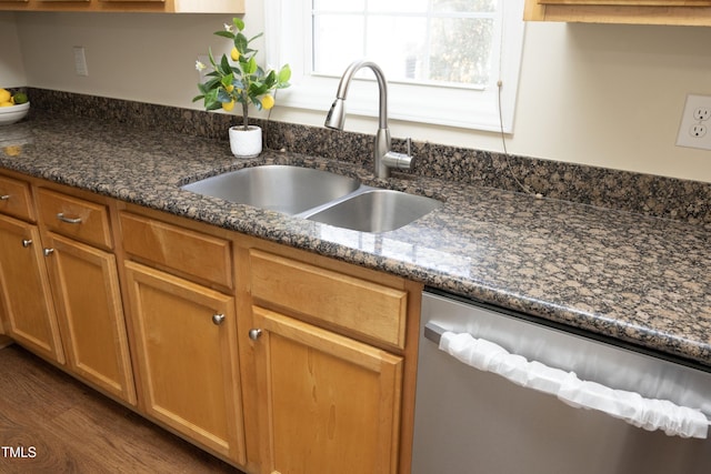 kitchen with wood finished floors, stainless steel dishwasher, dark stone countertops, and a sink