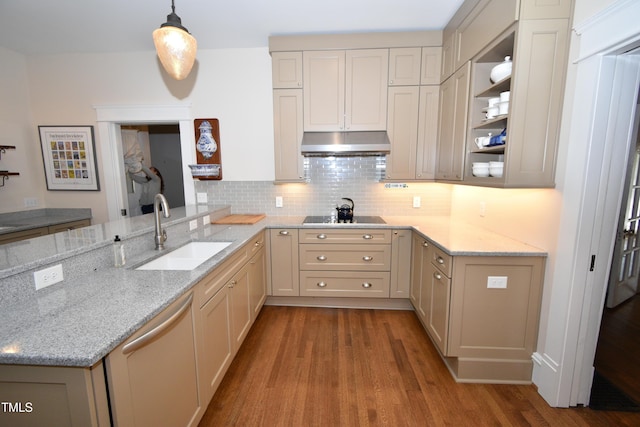 kitchen featuring decorative backsplash, dishwasher, black electric cooktop, under cabinet range hood, and a sink