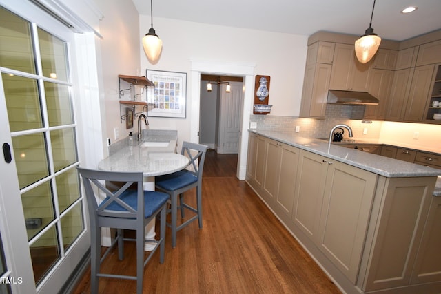 kitchen featuring dark wood finished floors, open shelves, decorative backsplash, a sink, and under cabinet range hood