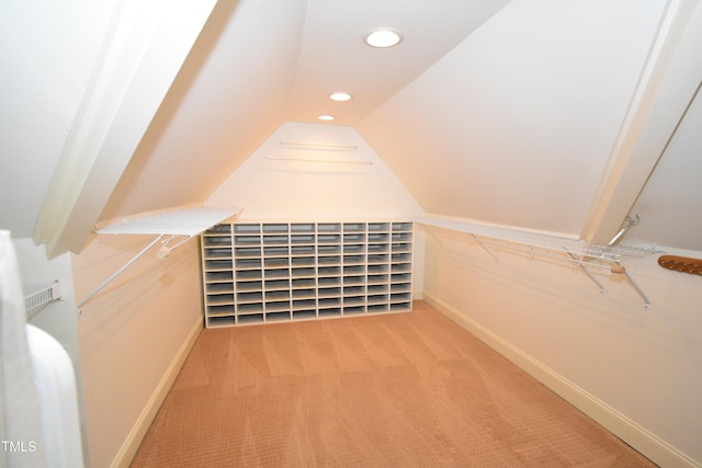 bonus room with vaulted ceiling, baseboards, carpet flooring, and recessed lighting