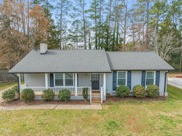 single story home featuring a chimney, roof with shingles, fence, a front lawn, and a porch