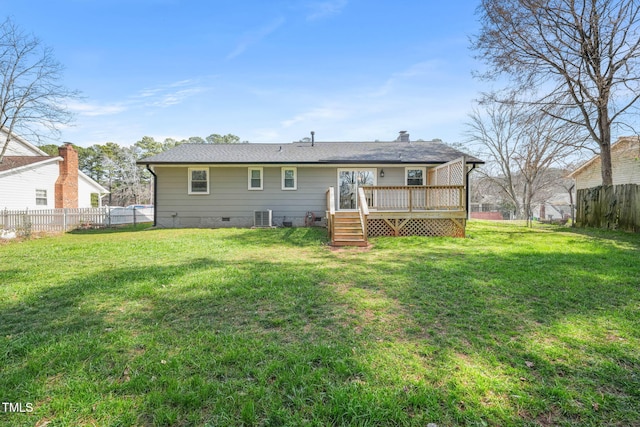 back of property with crawl space, a fenced backyard, a yard, and a deck