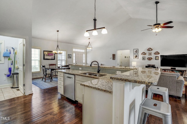 kitchen with a sink, light stone countertops, open floor plan, wood finished floors, and stainless steel dishwasher