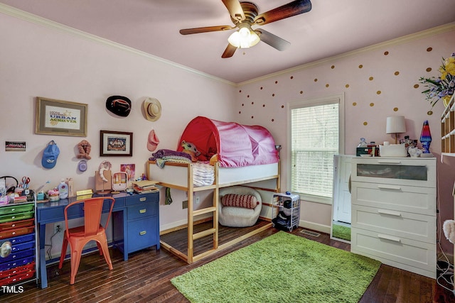 bedroom with ceiling fan, baseboards, hardwood / wood-style floors, and ornamental molding