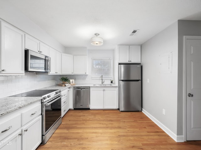 kitchen with visible vents, decorative backsplash, stainless steel appliances, white cabinetry, and a sink