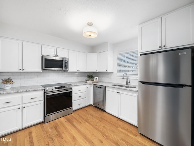 kitchen with appliances with stainless steel finishes, white cabinetry, a sink, and backsplash