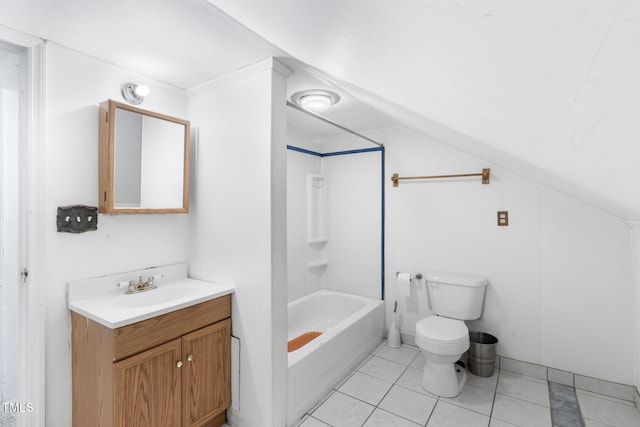 full bathroom featuring toilet, tile patterned flooring, vaulted ceiling, vanity, and shower / washtub combination