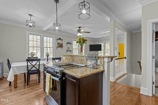 kitchen with light wood-style flooring, ornamental molding, electric stove, dark brown cabinets, and decorative light fixtures