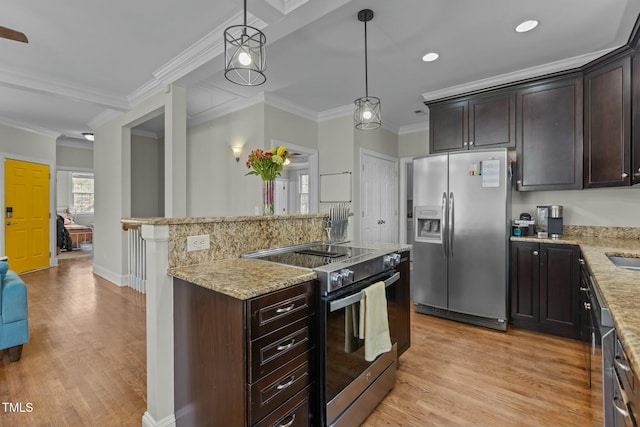 kitchen featuring stainless steel fridge with ice dispenser, dark brown cabinetry, light wood-type flooring, light stone counters, and electric range