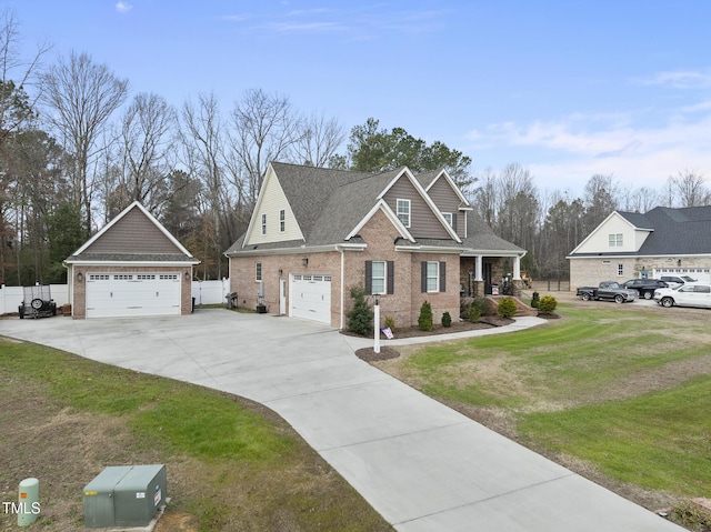 craftsman-style home featuring brick siding, a porch, a front yard, fence, and a garage