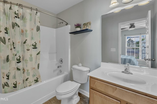 ensuite bathroom with toilet, connected bathroom, vanity, and shower / bathtub combination with curtain