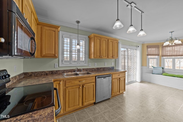 kitchen with dark countertops, black appliances, ornamental molding, and a sink